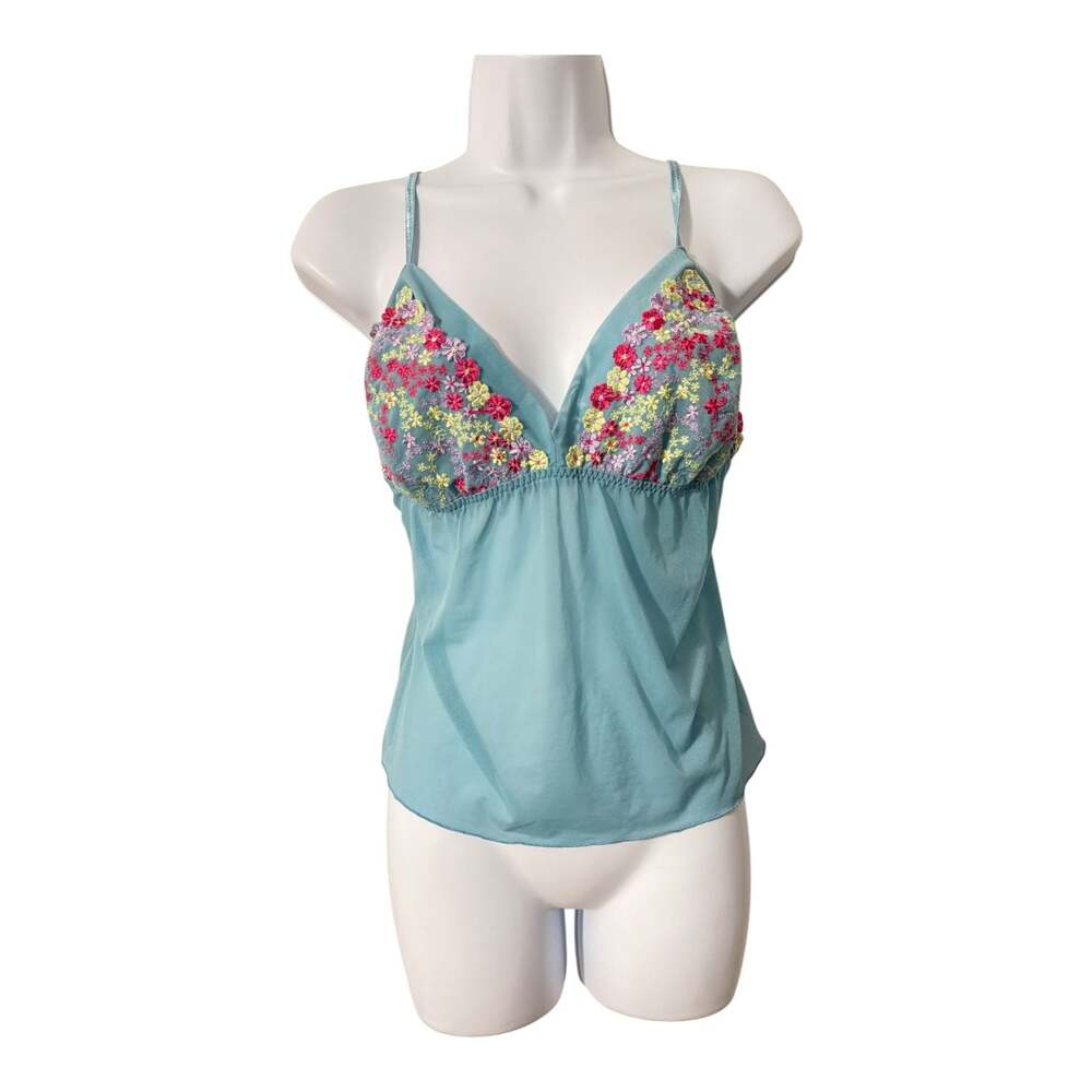 Cacique Aqua Sheer Mesh Floral Embroidered Lace Cami Tank Top Size 14/16